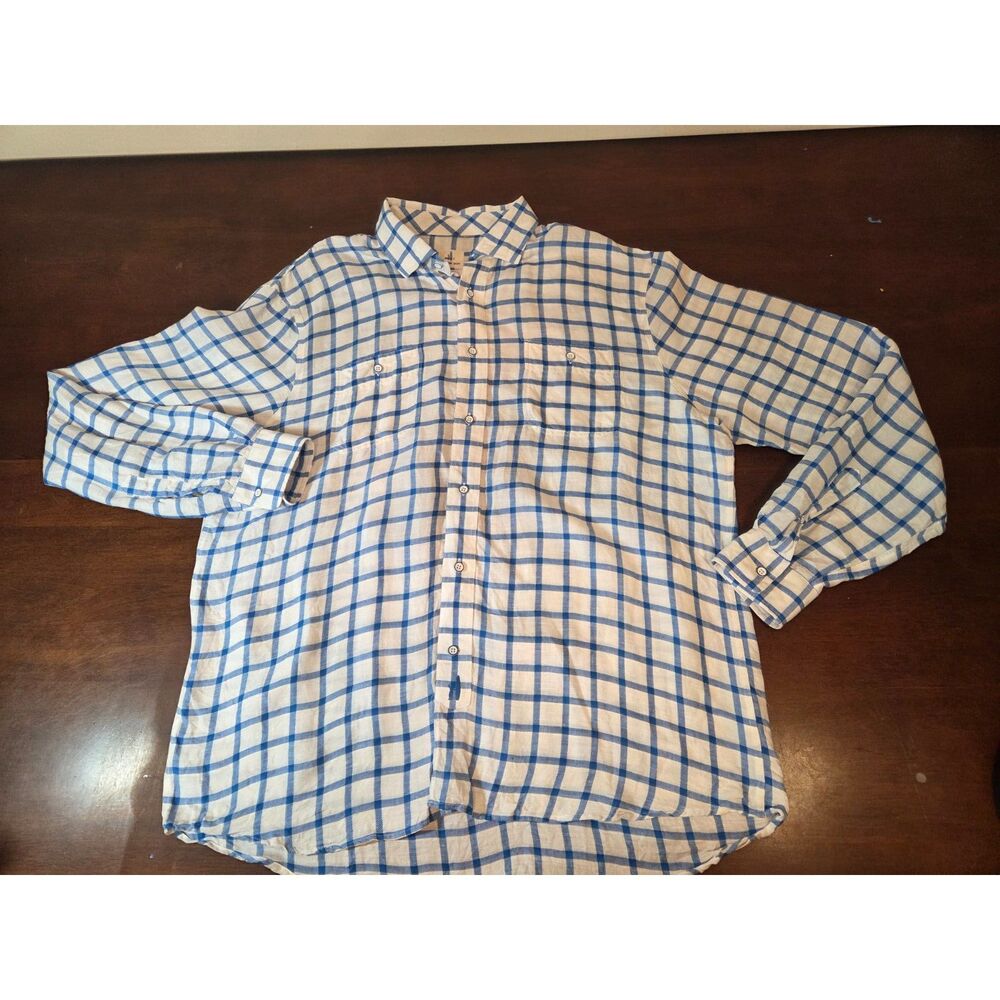 Johnnie-O Hangin' Out XL Blue White Checkered Button Down Shirt Linen Blend
